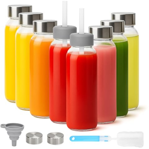 Zukro Glass Water Bottles with Lids & Straw 16 oz, 8 Pack Reusable Juice Bottles With Stainless Steel Cap for Juicing, Leak Proof Clear Smoothie Drinking Jars Beverages Containers, BPA Free