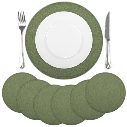 comfoyar Juego de 6 Manteles Individuales Verde Redondo Trenzado, Salvamanteles Individuales de Manteles Papel con Borla Corta para Cocinas y Comedores Decoración de Mesas para Fiestas 38x38cm