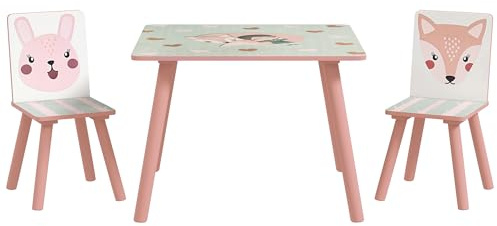 ZONEKIZ Kindertisch mit 2 Stühlen 3-teilig Kindersitzgruppe mit Tiermotiv, Kinder Tisch Stuhl Set Kindermöbel Sitzgruppe für Kinderzimmer, für 3-8 Jahren Kinder, Rosa