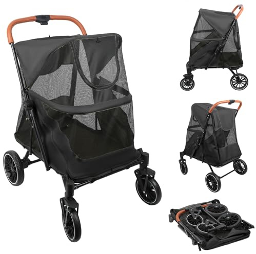 Homewell 3-i-1-hundvagn vikbar för stora hundar, 4-hjuls husdjur, buggy upp till 35 kg, hundvagn, med nätfönster, mugghållare, joggare, buggy för husdjur (svart)