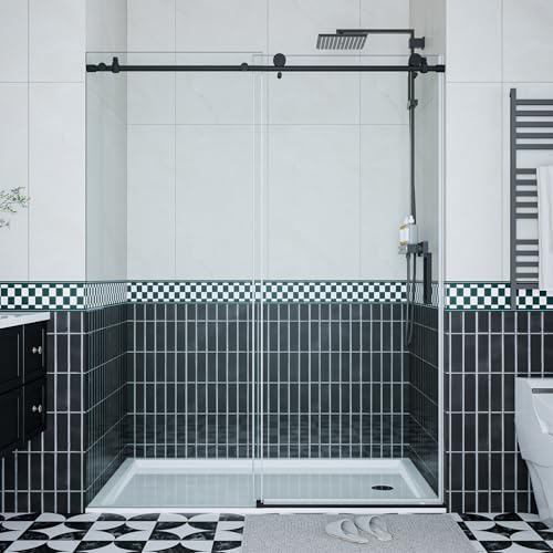 Glass Shower Door 56–60 inch W× 76 inch H, Sliding Frameless Shower Door with Round Stainless Steel Rail and 55mm Rollers, 6mm Tempered Glass, Matte Black, Stylish Bathtub and Shower Enclosure