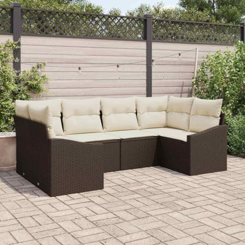 Runheo Ensemble canapé Jardin modulable 6 Places Marron crème polyrotin avec Coussins, Banquette Angle Convertible pour Patio terrasse extérieure Salon détente
