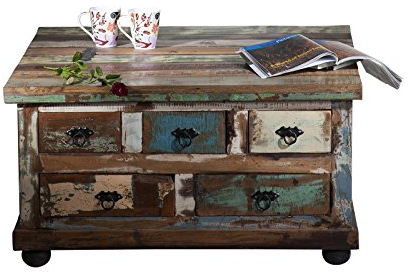 SIT-Möbel Riverboat 9194-98 Couchtischtruhe, 5 Schubladen, 1 Klappe, recyceltes Altholz, bunt lackiert, 90 x 90 x 47 cm