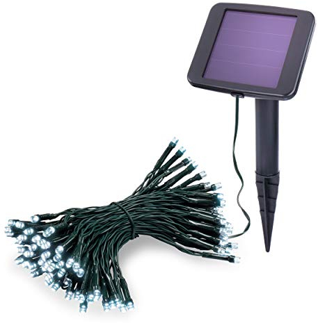 Esotec Solar Lichterkette, 10m, 100 LEDs, kaltweiß, Zuleitung 2m, Akku, Solarmodul, Erdspieß, Außenlichterkette, Partylichterkette, Hochzeitsdeko, Garten, Terrasse, außen, winterfest, 102169