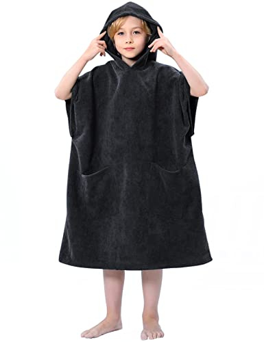 TOMEEK Poncho-handduk med huva för barn mjuk badrock med ficka strand poncho snabbtorkande surfponcho bad poncho handduk 9–13 år, Svart, Taglia unica