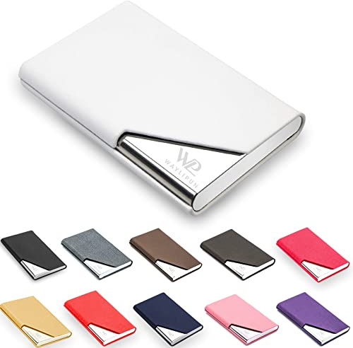 Waylipun Business Card Holder, Professional PU Leather & Stainless Steel Business Name Card Case, Keep Business Cards in Immaculate Condition, Slim Metal Pocket Card Holder with Magnetic Shut(White)
