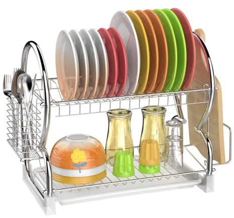 RELOVE Égouttoir à Vaisselle Amovible Blanc à 2 Niveaux en Acier Inoxydable Support dégouttement à Assiettes avec égouttoir à Couverts Porte-Baguettes 40*24*38 cm (Support de Planche à découper)