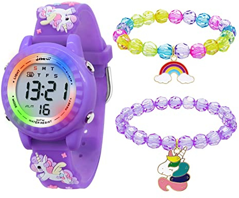 HMJIA 3D tecknad design armbandsur för barn pojkar och flickor 3 ATM vattentät barnklocka med väckarklocka datum stoppur LED, Led lila enhörning, Rem