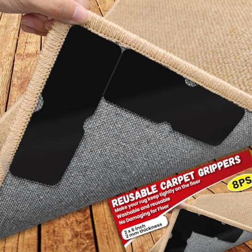 Birllaid 8pcs Teppich Anti-Rutsch Greifer für Fußböden - Waschbar und Wiederverwendbar Doppelseitiges Klebeband für Bereich Teppiche - Hält Ecken Flach, Keine Beschädigung für Boden