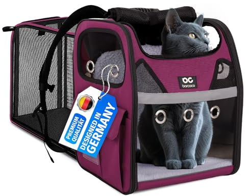 BARCOCO Katzenrucksack groß Katzenrucksack Hunderucksack Transportrucksack erweiterbar mit Fenster Katzentasche Atmungsaktiv stabil Wandern Transporttasche Haustier Tier Rucksack bis 6 kg - Lila