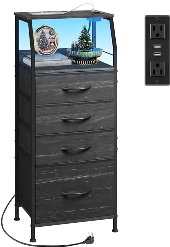 WLIVE Nightstand with Charging Station, Black Night Stand with LED Light, Tall 4 Drawer Dresser for Bedroom, 37 H Bedside Table with Fabric Storage Bins, Open Wood Shelf, Metal Frame