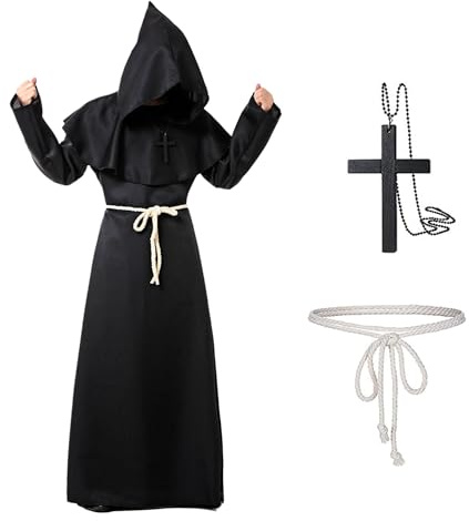 Disfraz de Monje Con Capucha Y Cruz para Hombre, Halloween, Sacerdote, Cosplay Túnica Medieval, Renacimiento (Negro, XXL)