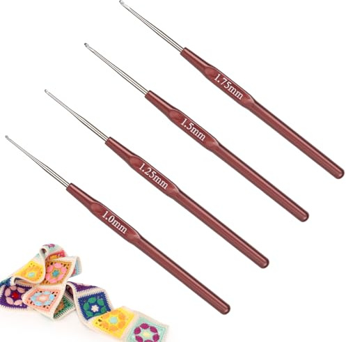 Coopay Set Piccolo Uncinetto, 4 Pezzi 1,0-1,75 mm, Gancio con Griff Lungo per Principianti, Mini Ganci per Filet e Pizzo
