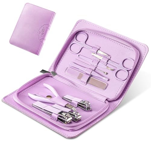 Set Manicure-Pedicure Kit Tagliaunghie Portatile Da Viaggio - Cura Del Viso, Delle Cuticole E Delle Unghie Con Lussuosa Custodia Da Viaggio in Pelle Per Unghie Spesse (10, Viola)