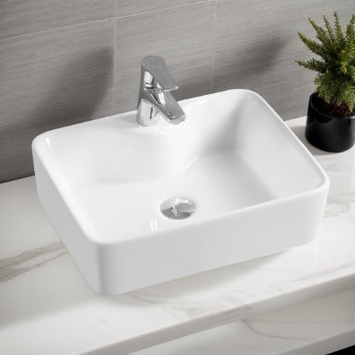 NUESTRA VIDA Lavabo Sobre Encimera Lavabo de Cerámica, Lavabo Rectangular con 1 Orificio para Grifo, 480×370×130mm, Lavabo de Cerámica Rectangular, Lavamanos para Baños de Sobreponer, Blanca