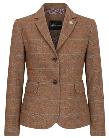 TruClothing Giacca blazer da donna in tweed misto lana marrone quercia a scacchi a spina di pesce, Blazer in rovere, 52