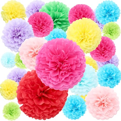 Skyygemm 72 Pcs Tissue Paper Pom Poms Party Decorations Assorted Rainbow Paper Ball Decorations Hanging Flower Balls for Birthday Wedding Party Bridal Shower Supplies, Assorted Size(Bright Color)
