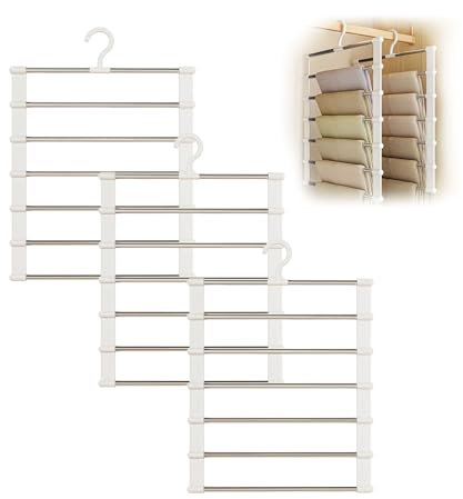 Grucce Pantaloni Salvaspazio 3 Pezzi 7 in 1, Appendini Armadio Multifunzionali Antiscivolo, Acciaio Inossidabile e PVC, Porta Pantaloni Gonne Jeans Sciarpe Cravatte, Organizer per Armadio