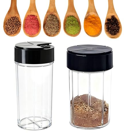 Luxvara 2 Pezzi Dispenser di Spezie 4 in 1,Contenitori per Spezie con Coperchio, Trasparenti Seasonings Dispender,Spargere Spezie,Barattoli per Condimenti per Cucina, Barbecue, Campeggio, Ristorante
