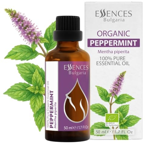 Essences Bulgaria Organisk Pepparmyntaolja 50ml | Mentha piperita | 100% Ren och Naturlig | Outspädd | Terapeutisk Grad | Familjeägd gård | Ångdestillerad | Icke-GMO | Vegan