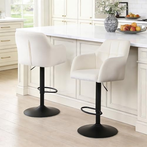 Relbiety Tabouret Bar Lot de 2 Fauteuil de Bar Velours Réglable,Crème | Chaise Haute Cuisine Pivotante à 360°,Chaise de bar Avec Dossier Accoudoirs,Pour Îlot de Cuisine,Bar,Bistrot