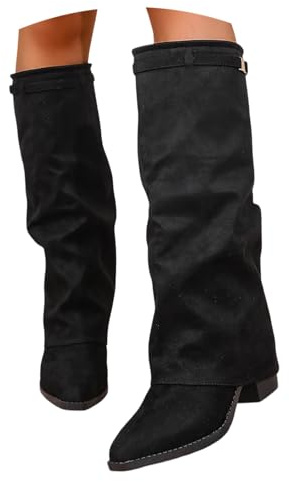 Stivali Donna Invernali Alti a Punta Gambale con a Blocco, Stivaletti Donna Gamba Larga in Pelle con Risvolto Eleganti Boots Stivali per Autunno Inverno (01-1Nero, 40)