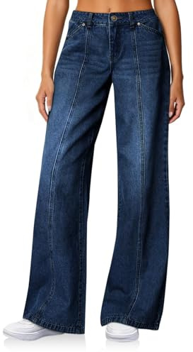 Cicy Bell Jean baggy pour femme - Coupe large - Taille haute - Coutures avant - Denim - Avec poches