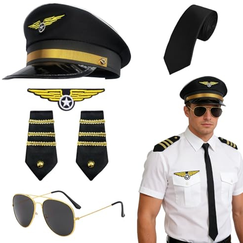 FUIPVGI 6 Pcs Airline Pilot Captain Hat Costume Accessories Set,Halloween Pilot Airplane Captain Costume Fancy Dress Kit, Aviator Hat, Armband Badge Tie Glasses, for Cosplay Dress up Party (Black)
