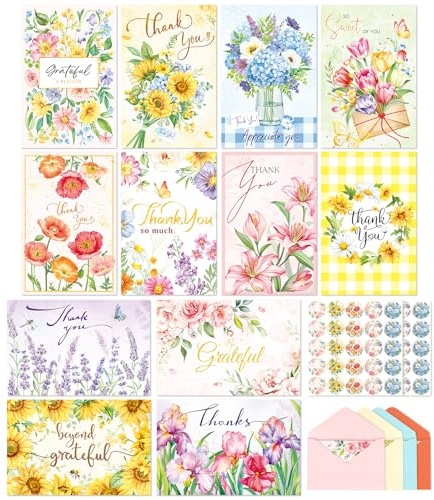 48 Tarjetas de Agradecimiento,12 Diseños con Pegatinas 48 Sobres,4x6in | 48 Tarjetas de Agradecimiento, 12 Diseños con 48 Sobres y 2 Pegatinas, 4x6 Pulgadas, Adecuadas para Todas las Edades