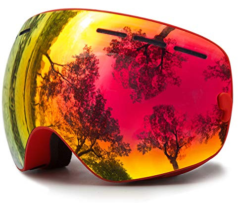JULI Kids Ski Goggles,Interchangeable Double Layer Spherical Lens,OTG Anti-Fog Snowboard Skate Snow Goggles Age 4-16 4300 4300（Red）