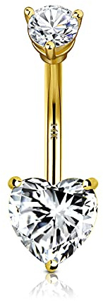 CM Crareesi Mania 14K Solid Gold Belly Rings Heart Cubic Zirconia Belly Button Piercing Rings 14G Yellow Gold Navel Piercing Jewelry