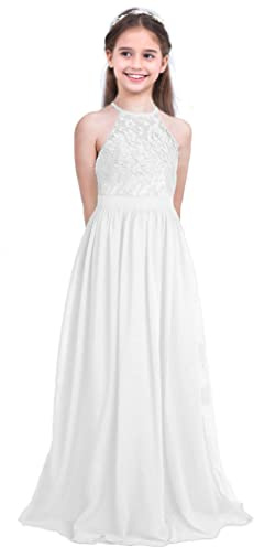 Freebily Enfant Long Robe De Soirée Cocktail Fille Dentelle Fleur Robe Costume De Cérémonie Mariage Princesse sans Manche Taille Haute Blanc A 10 Ans