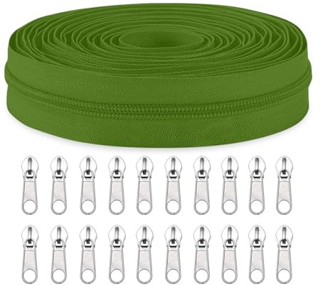 Sawoake #5 Nylon Coil Zippers by The Yard Bulk 10 Yards with 20pcs Zipper Sliders for DIY Sewing Tailor Craft Bag Garment Home Textile…(OliveGreen)