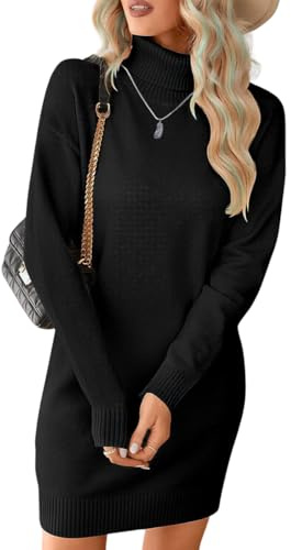 JFAN Vestito Donna Invernale Lungo Casual Abito in Maglia Collo Alto Vestiti Invernali Eleganti Tinta Unita Maniche Lunghe Nero M