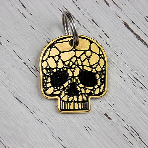 Hundemarken mit Gravur, personalisierte Totenkopfdesign Tiermarke, Geist Schädel Custom Namemarke, doppelseitige Gravur für Hunde und Katzen, lustige & coole Tier Namensschilder für Halsband (Gold)