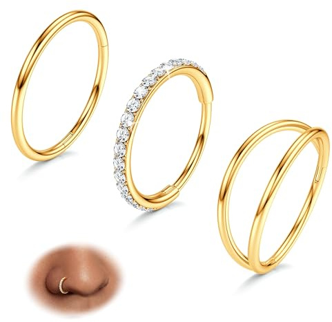 Diamday 3 st. näspiercingring 316L kirurgisk stål näsring piercing, 20G-8mm, Kubisk Zirkonia Gult guld Rostfritt stål