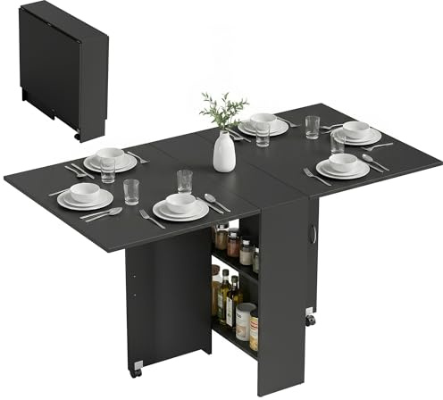 HOMCOM Tavolo da Pranzo Pieghevole, Tavolo Cucina a Ribalta per 6 Persone, Scrivania Richiudibile Salvaspazio con 2 Ripiani Aperti e Ruote a Freno, per Soggiorno, Ufficio, 140x75x74cm, Nero