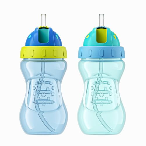 YOHKOH Schnabeltasse mit flexiblem Strohhalm, Auslaufsicher Trinkflaschen für Kinder, 300 ml, Grün/Blau, 2 Stück | BPA-Frei