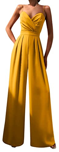 KBOPLEMQ Tuta da donna elegante per matrimonio, tuta estiva lunga, tuta intera casual, gamba larga, senza maniche, tinta unita, tutina a vita alta, tutina per feste, O giallo, M