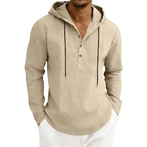 TRFIC Mens Cotton Linen Hoodies Long Sleeve Button Down Shirts Casual Hawaiian Beach Yoga Sweatshirts Khaki
