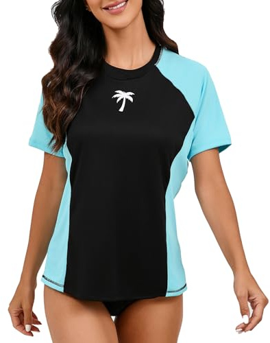 Halcurt UV Shirt Women's Rash Guard Short Sleeve with Bra UPF 50+ Swimming Shirt UV Protection Swimming Shirt Quick Drying Swimwear Swimming M-XXL, Green black/with bra, XXL