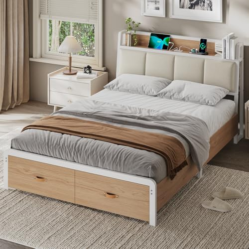 KIMENICH Lit 140x190 avec Sommier en Métal, Cadre de Lit 140x190 avec Tête de Lits en Bois et Compartiments Ouverts, Lits Double avec Multiprise et 2 Tiroirs, Blanc + Chêne Sonoma