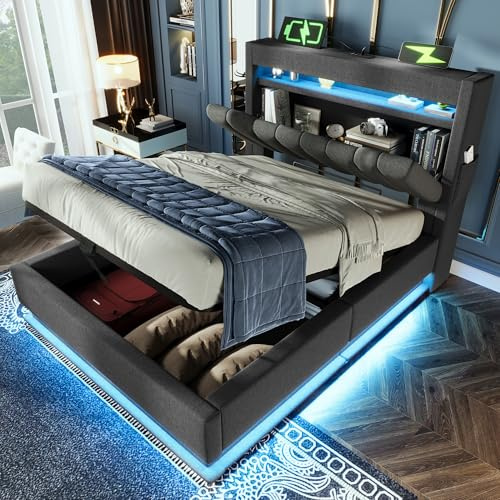 Cama tapizada, cama individual de 90 x 200, cabecero con puertos USB y tipo C, iluminación LED en el cabecero y los pies de la cama, con almacenamiento hidráulico, lino, gris, sin colchón