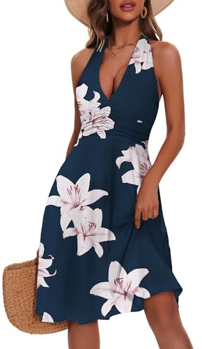 HUHOT Navy Blue Flower Italian Dresses for Women Women's Casual Vestidos para Mujer Sexy Halter Sundress with Pockets Summer Vacation Sun Dress Western Floral Resort Wear Beach Milkmaid
