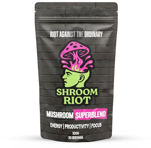 Shroom Riot Kakao-Vitalpilz-Supermischung | Lösliches Schokoladengetränkepulver mit Lion’s Mane, Chaga, Reishi & Cordyceps | 300 g | 30 Portionen