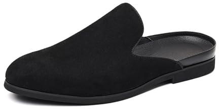 BOEGBNW Men's Suede Round-Toe Flat Mules Clogs Slip On Casual Comfort Low Heel Backless Dress Loafers Non-Slip Slingback Half Driving Business Smoking Slippers (Black,9)