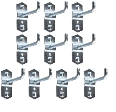 Hosrivae Paquete de 10 ganchos para tablero de clavijas de 50 mm, soporte inclinado para herramientas, organizador de pared de acero, para garaje, taller, almacenamiento, sistema seguro para colgar