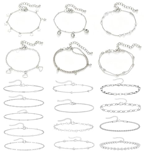 JSTHHTT 19 Pcs Lot de Bracelets Femme en Argent Fantaisie, Empilable Bracelets Réglable Chaîne Ensemble Bracelet Argent Bijoux Cadeaux, Jonc et Gourmette pour Fille et Ado