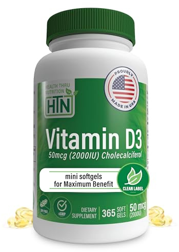 Health Thru Nutrition Vitamin D3 2000iu 365 Mini Softgels for Maximum Benefits | Year Supply | 50mcg Cholecalciferol | 3rd Party Tested | Non-GMO USP Grade in EVOO | Immune Health Support