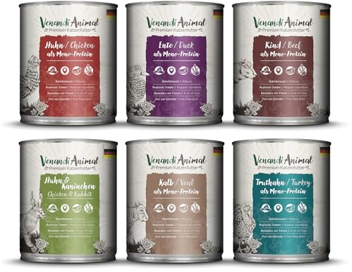 Venandi Animal Premium Nassfutter für Katzen, Probierpaket III, Huhn, Pute, Rind, Huhn + Kaninchen, Kalb, Truthahn, 6 x 800 g, getreidefrei und naturbelassen, 4.8 kg